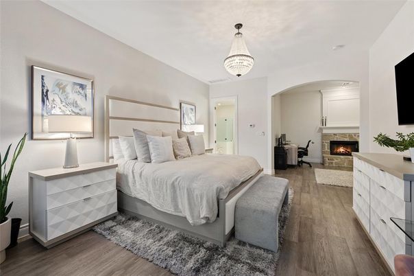 Bedroom, Chandelier, Fireplace, Interior, Wood Texture Flooring