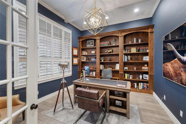 Home Office, Interior, Pendant Lights, Recessed Lighting, Wood Texture Flooring