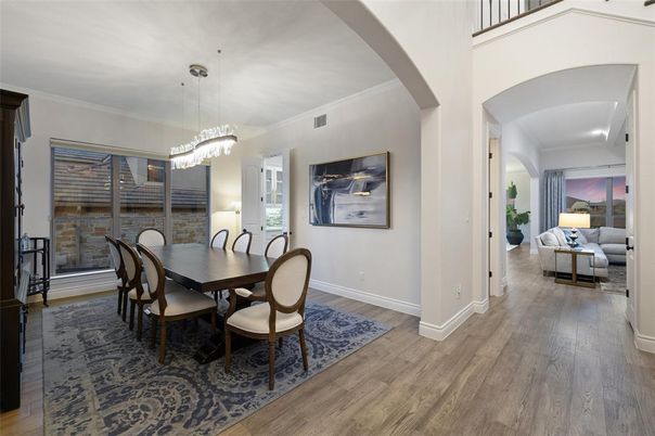 Dining room, Interior, Living room, Pendant Lights, Wood Texture Flooring