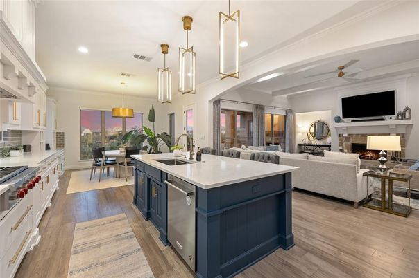 Dining room, Fireplace, Interior, Kitchen, Living room, Pendant Lights, Recessed Lighting, Stainless Steel Appliances, Wood Texture Flooring