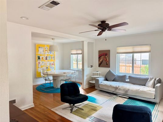 Dining room, Interior, Living room, Pendant Lights, Recessed Lighting, Wood Texture Flooring