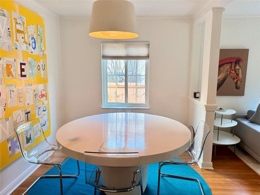 Dining room, Interior, Pendant Lights, Wood Texture Flooring