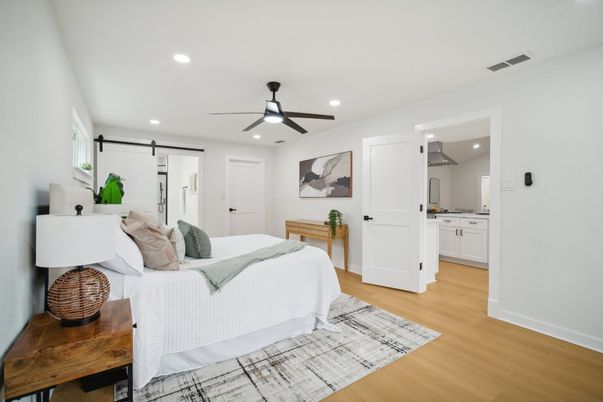 Bedroom, Interior, Recessed Lighting, Wood Texture Flooring
