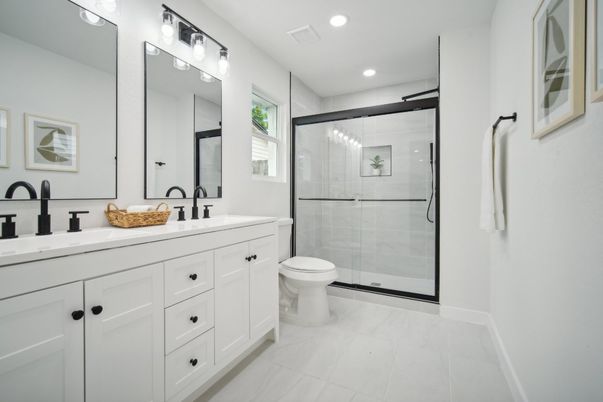 Bathroom, Dual Sink Vanities, Glass Shower, Interior, Marble, Recessed Lighting