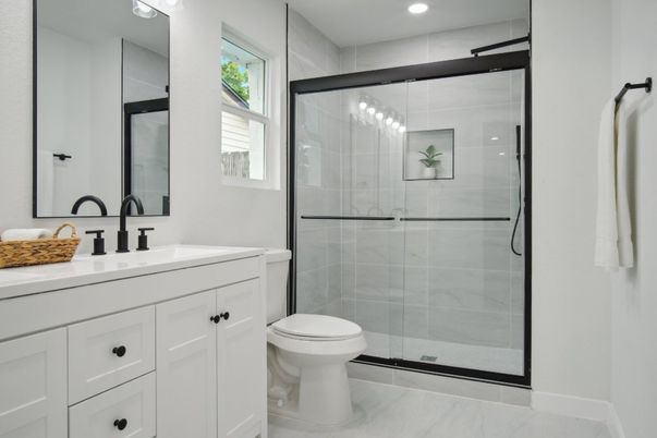 Bathroom, Glass Shower, Interior, Marble, Marble Walls, Recessed Lighting