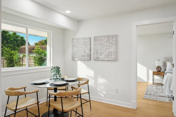 Dining room, Interior, Recessed Lighting, Wood Texture Flooring