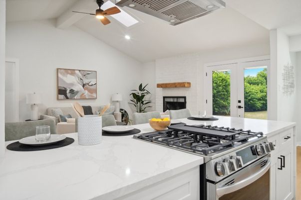 Fireplace, Interior, Kitchen, Living room, Recessed Lighting, Stainless Steel Appliances, Wood Texture Flooring