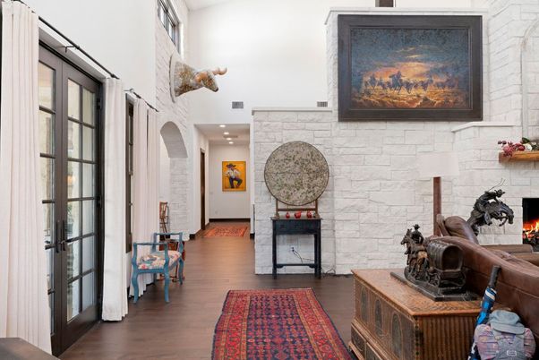 Fireplace, Interior, Recessed Lighting, Stone Walls, Wood Texture Flooring