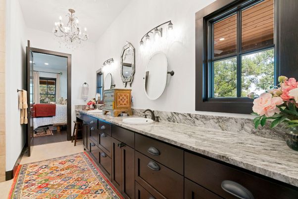 Bathroom, Chandelier, Dual Sink Vanities, Interior, Recessed Lighting