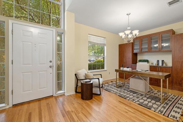 Chandelier, Home Office, Interior, Wood Texture Flooring