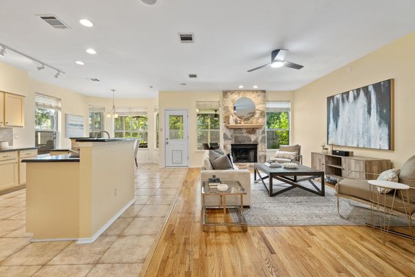 Fireplace, Interior, Kitchen, Living room, Pendant Lights, Recessed Lighting, Stone Walls