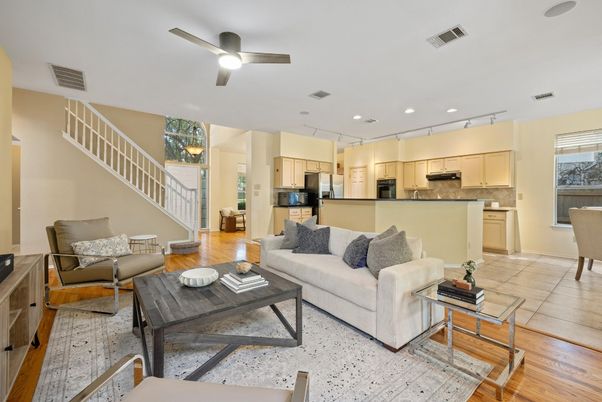 Dining room, Interior, Kitchen, Living room, Recessed Lighting, Stainless Steel Appliances, Wood Texture Flooring