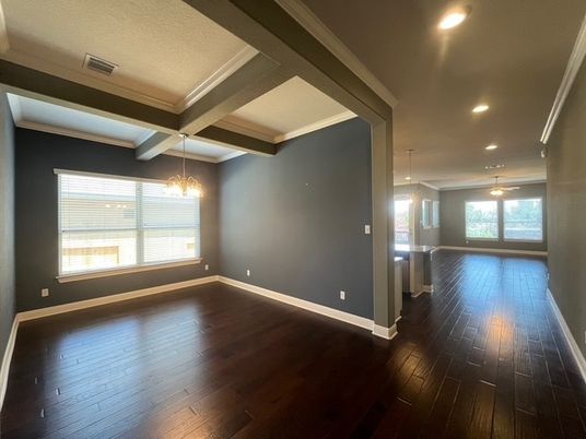 Empty room, Interior, Pendant Lights, Recessed Lighting, Wood Texture Flooring