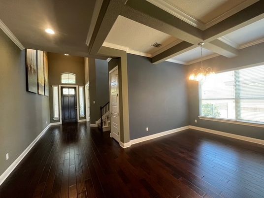 Chandelier, Empty room, Interior, Recessed Lighting, Wood Texture Flooring