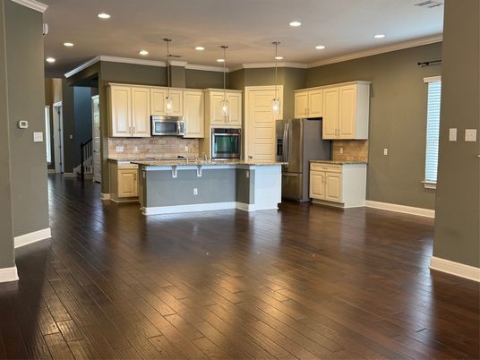 Interior, Kitchen, Pendant Lights, Recessed Lighting, Stainless Steel Appliances, Wood Texture Flooring