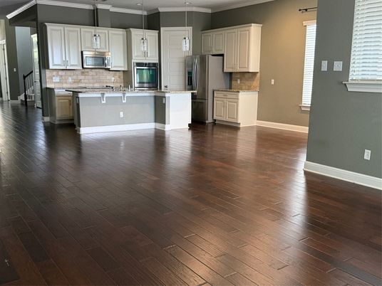 Interior, Kitchen, Pendant Lights, Stainless Steel Appliances, Wood Texture Flooring