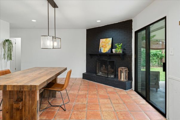 Dining room, Fireplace, Interior, Pendant Lights, Recessed Lighting, Stone Walls