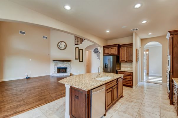 Fireplace, Interior, Kitchen, Recessed Lighting, Wood Texture Flooring