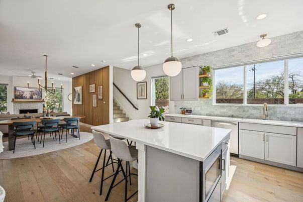 Dining room, Fireplace, Interior, Kitchen, Pendant Lights, Recessed Lighting, Wood Texture Flooring