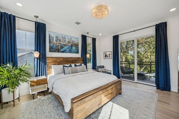 Bedroom, Interior, Pendant Lights, Recessed Lighting, Wood Texture Flooring