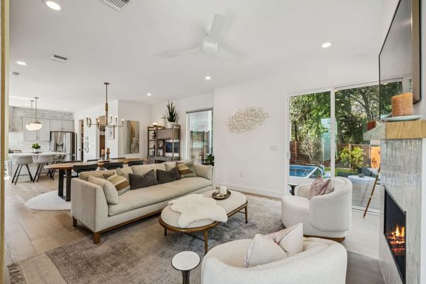 Dining room, Fireplace, Interior, Kitchen, Living room, Pendant Lights, Recessed Lighting, Stainless Steel Appliances