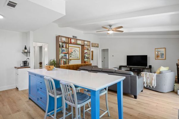 Dining room, Interior, Kitchen, Living room, Recessed Lighting, Wood Texture Flooring