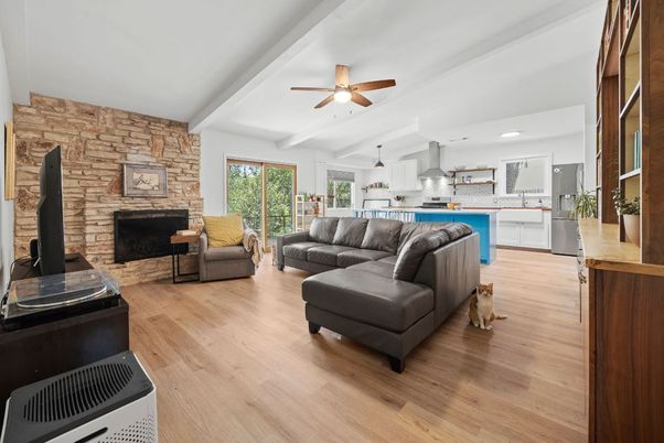 Fireplace, Interior, Kitchen, Living room, Stone Walls, Wood Texture Flooring