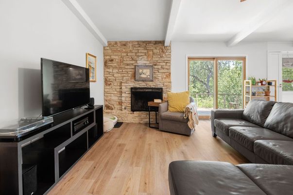Fireplace, Interior, Living room, Stone Walls, Wood Texture Flooring