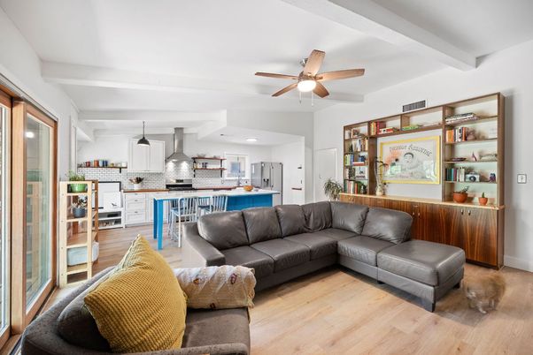 Interior, Kitchen, Living room, Pendant Lights, Stainless Steel Appliances, Wood Texture Flooring