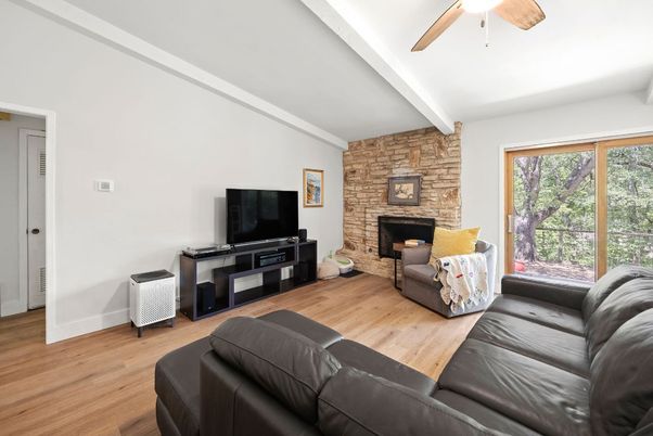 Fireplace, Interior, Living room, Stone Walls, Wood Texture Flooring
