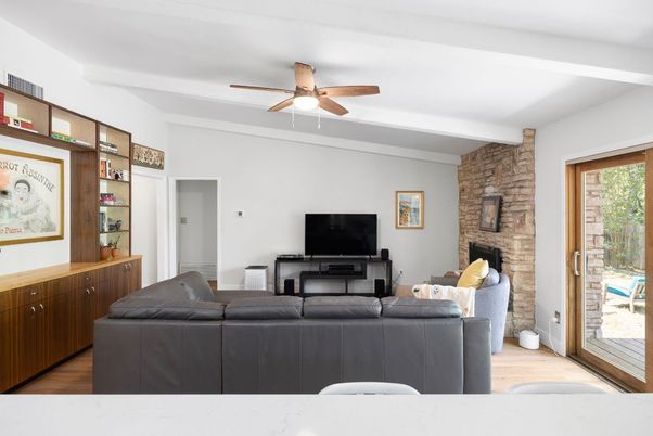 Fireplace, Interior, Living room, Stone Walls, Wood Texture Flooring