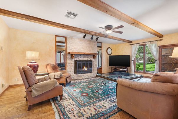 Fireplace, Interior, Living room, Stone Walls, Wooden Beams, Wood Texture Flooring