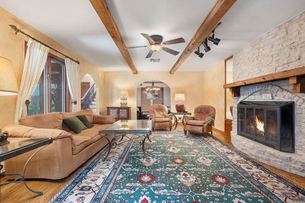 Fireplace, Interior, Living room, Stone Walls, Wooden Beams, Wood Texture Flooring