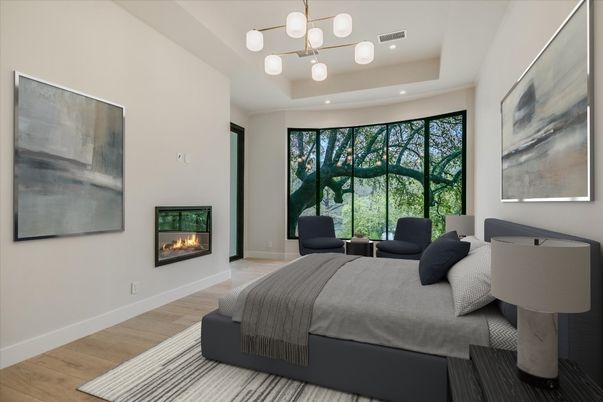 Bedroom, Fireplace, Interior, Pendant Lights, Recessed Lighting, Wood Texture Flooring