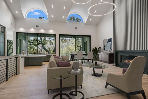 Dining room, Fireplace, Interior, Living room, Recessed Lighting, Wood Texture Flooring