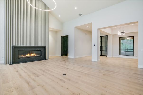 Empty room, Fireplace, Interior, Pendant Lights, Recessed Lighting, Wood Texture Flooring