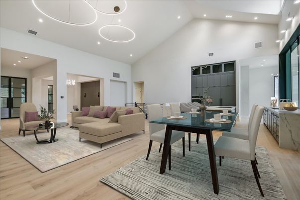 Dining room, Interior, Living room, Pendant Lights, Recessed Lighting, Wood Texture Flooring