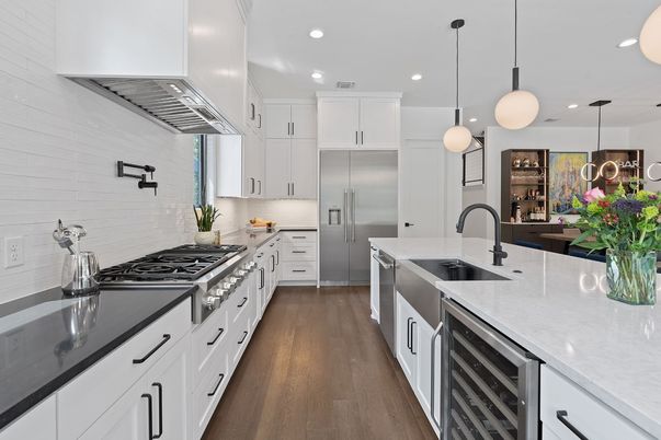 Interior, Kitchen, Pendant Lights, Recessed Lighting, Stainless Steel Appliances, Wood Texture Flooring