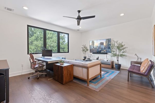 Home Office, Interior, Recessed Lighting, Wood Texture Flooring