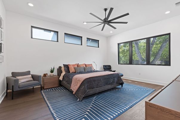 Bedroom, Interior, Recessed Lighting, Wood Texture Flooring