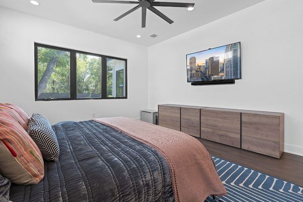 Bedroom, Interior, Recessed Lighting, Wood Texture Flooring