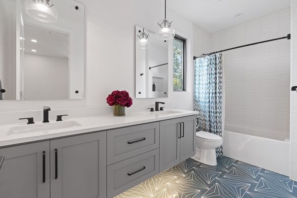 Bathroom, Dual Sink Vanities, Interior, Pendant Lights, Recessed Lighting