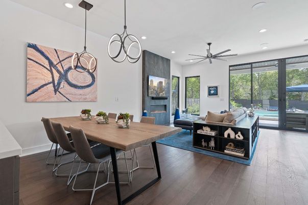 Dining room, Fireplace, Interior, Living room, Pendant Lights, Recessed Lighting, Wood Texture Flooring