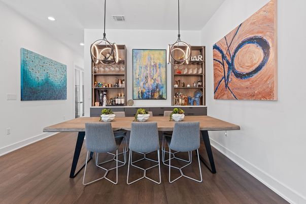 Dining room, Interior, Pendant Lights, Recessed Lighting, Wood Texture Flooring