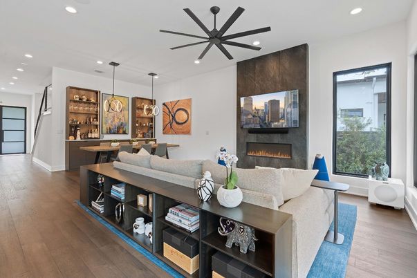Fireplace, Interior, Living room, Pendant Lights, Recessed Lighting, Wood Texture Flooring