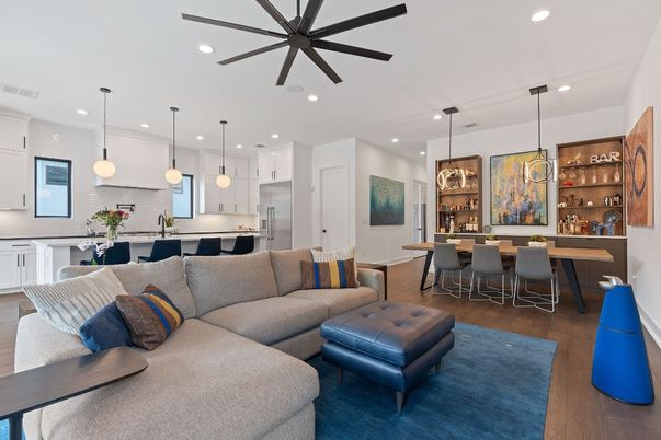 Dining room, Interior, Kitchen, Living room, Pendant Lights, Recessed Lighting, Stainless Steel Appliances, Wood Texture Flooring