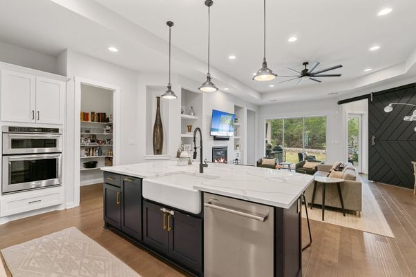 Dining room, Fireplace, Interior, Kitchen, Pendant Lights, Recessed Lighting, Stainless Steel Appliances, Wood Texture Flooring