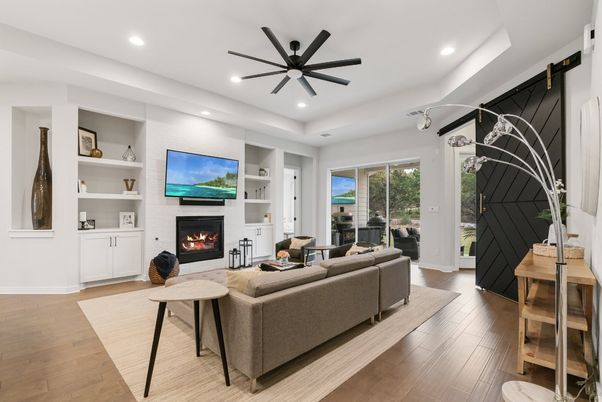 Fireplace, Interior, Living room, Recessed Lighting, Wood Texture Flooring