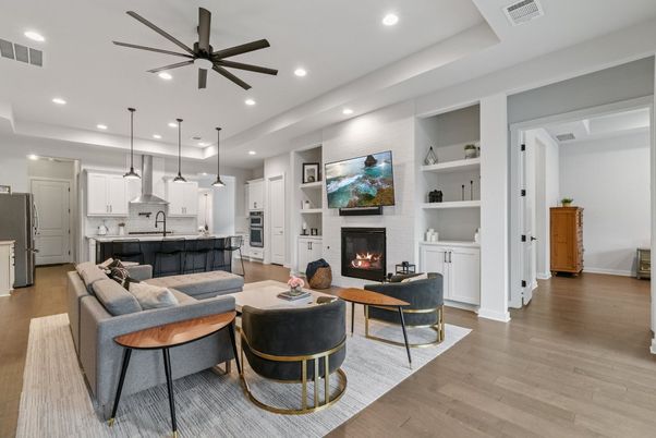 Fireplace, Interior, Kitchen, Living room, Pendant Lights, Recessed Lighting, Stainless Steel Appliances, Wood Texture Flooring