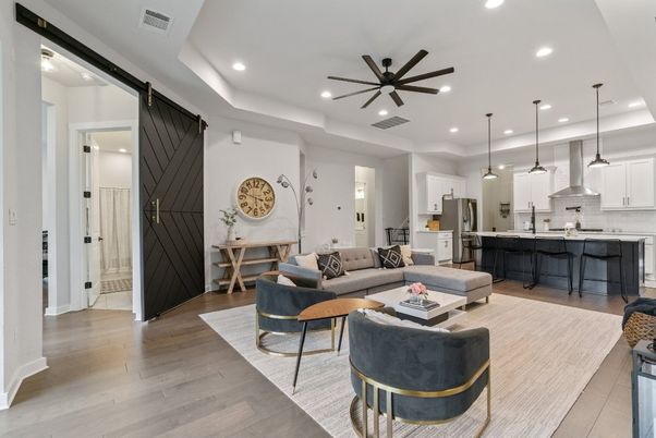 Interior, Kitchen, Living room, Pendant Lights, Recessed Lighting, Wood Texture Flooring